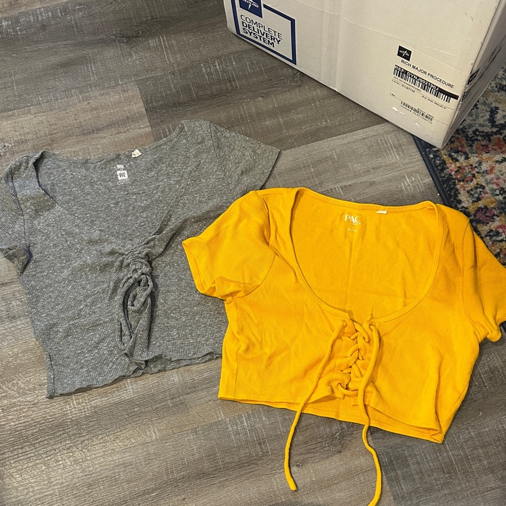 Yellow and Gray Lace-Up Tops